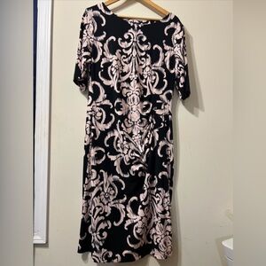 Connected Apparel pink and black damask dress,  with ruched waist. Size 16
